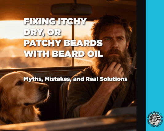 Man driving down the road in his truck at sunrise with his golden retriever at his side and scratching his beard vigorously, sunshine coming through the back window.