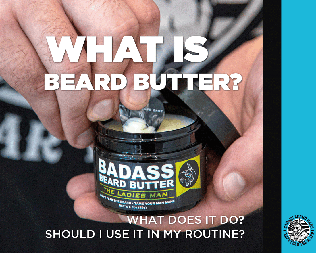 Man holding beard butter in one hand while removing some beard butter with a guitar pick in the other hand