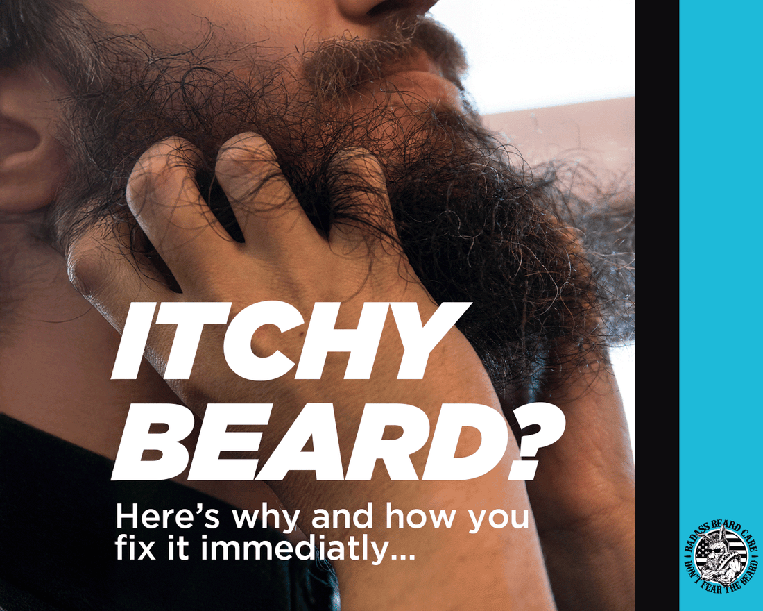 closeup shot of a scraggly bearded man itching his beard
