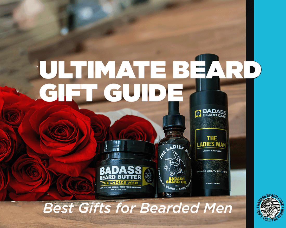 Badass beard butter, oil, and cologne on top of a wooden table with a bunch of roses alongside