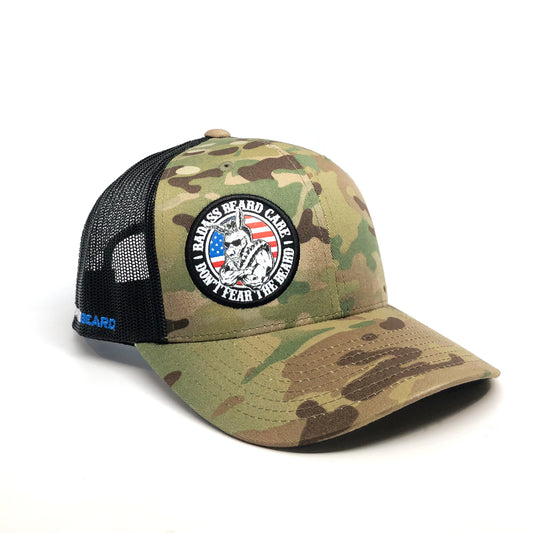 badass beard care trucker hat, multicam