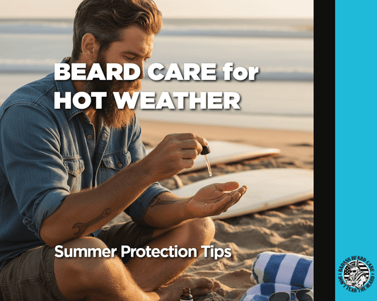 Bearded man applying beard oil at sunset on the beach with surfboards and crashing ocean waves in the background