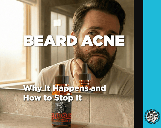 Middle Aged Bearded Man staring in mirror at acne forming around his beard edges on his face