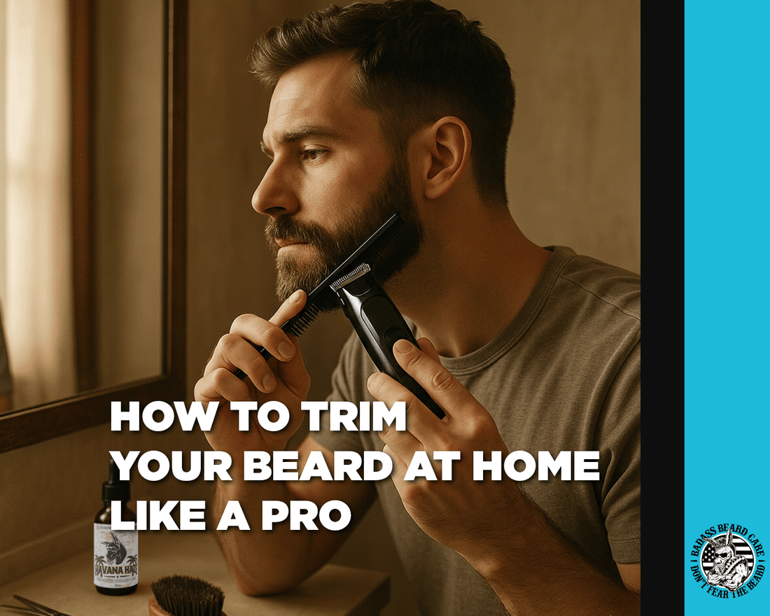 man trimming his short beard with a beard trimmer and comb