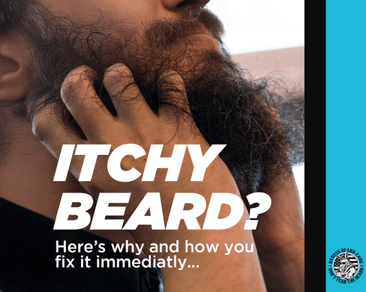 closeup shot of a scraggly bearded man itching his beard