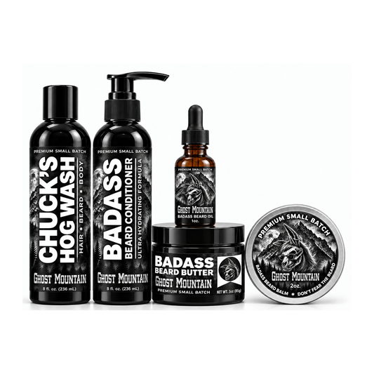 Ghost Mountain Complete Kit with Chuck's Hog Wash, beard conditioner, beard oil, beard butter, and beard balm, fully visible on a white background.