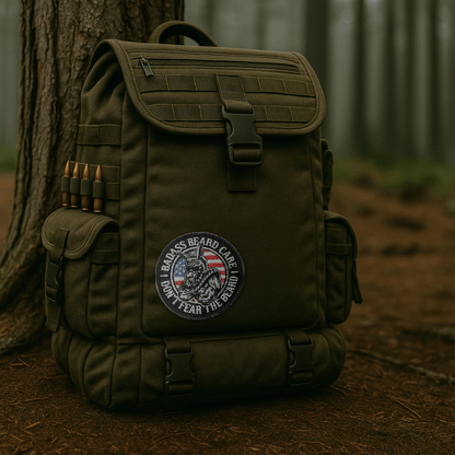 Badass Embroidered Patch On Military Rucksack In Forest