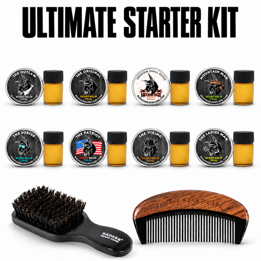 Ultimate Starter Kit with eight oil-and-balm trial sets, handled brush and comb
