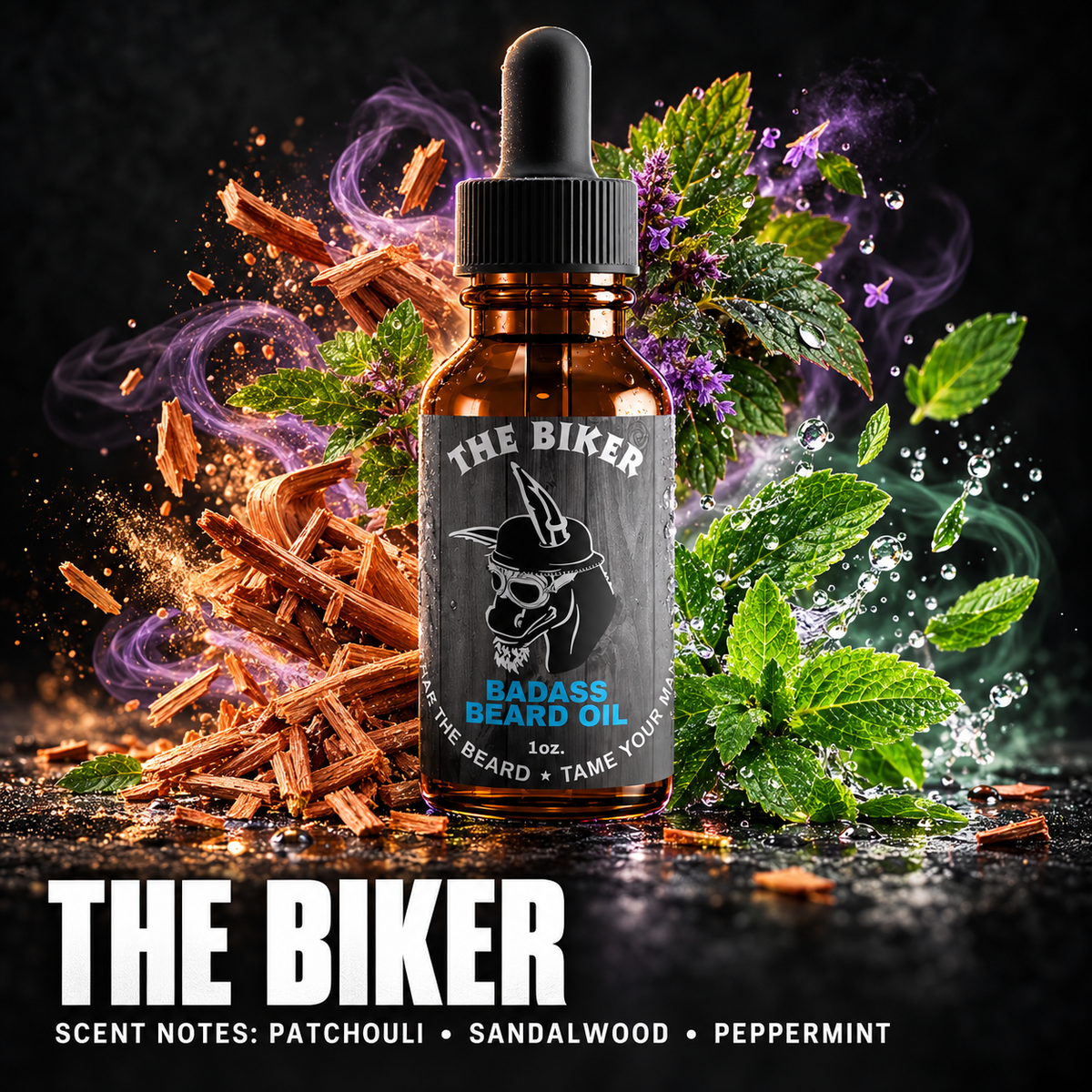 The Biker Beard Oil — PATCHOULI • SANDALWOOD • PEPPERMINT scent notes.
