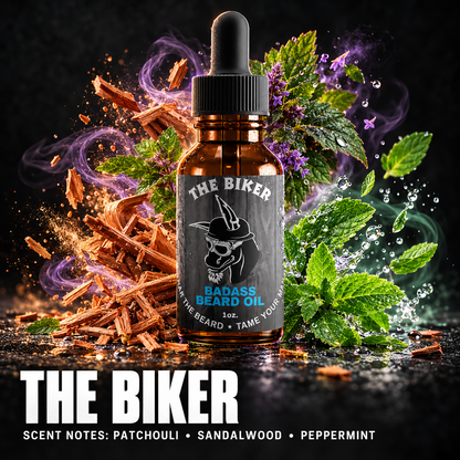 The Biker Beard Oil — PATCHOULI • SANDALWOOD • PEPPERMINT scent notes.