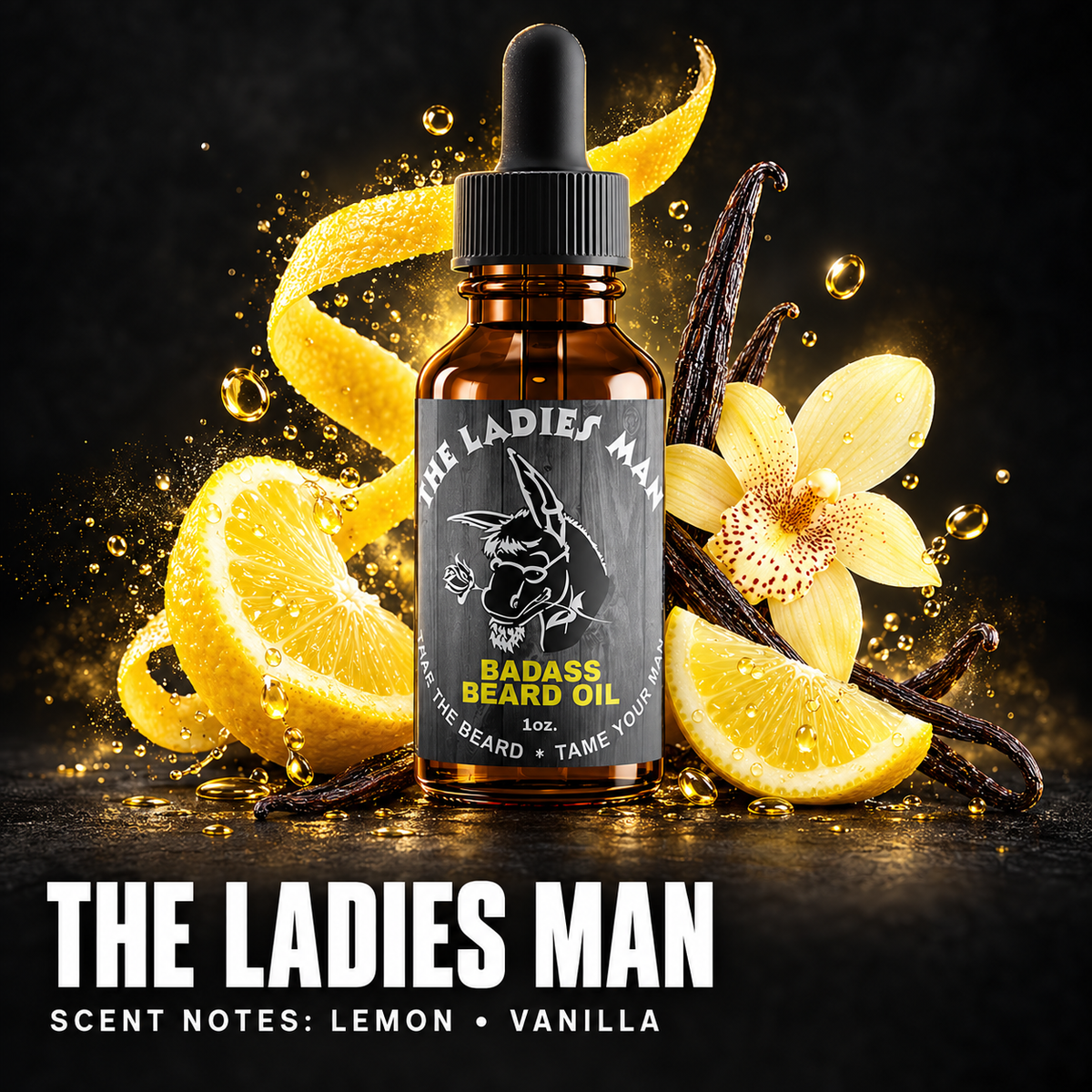 The Ladies Man Beard Oil — lemon and vanilla scent notes.