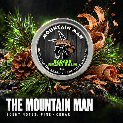 The Mountain Man Beard Balm — pine and cedar scent notes.