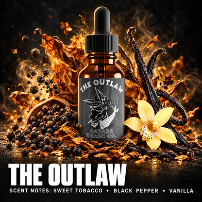 The Outlaw Beard Oil — SWEET TOBACCO • BLACK PEPPER • VANILLA scent notes.