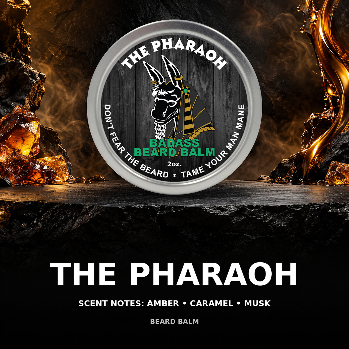 Pharaoh beard balm scent showcase — amber • caramel • musk.