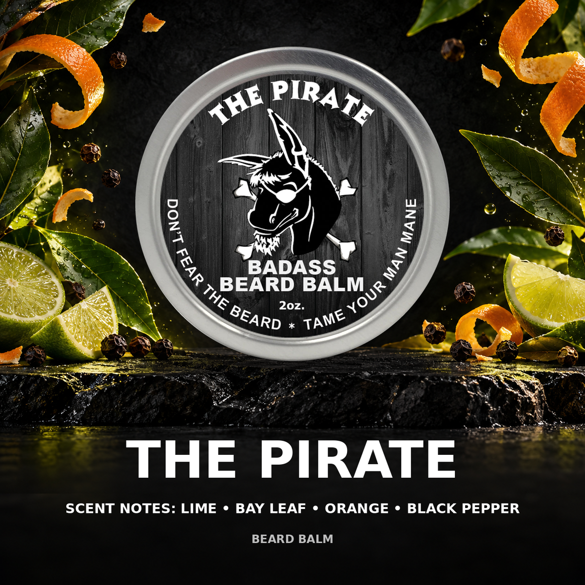 The Pirate beard balm scent showcase — lime • bay leaf • orange • black pepper.