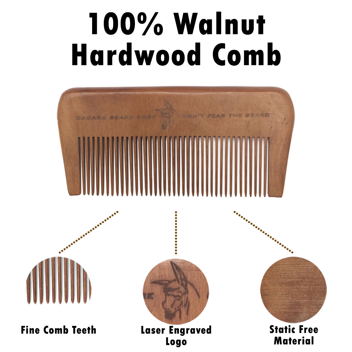 Walnut Hardwood Beard Comb, Badass Beard Care